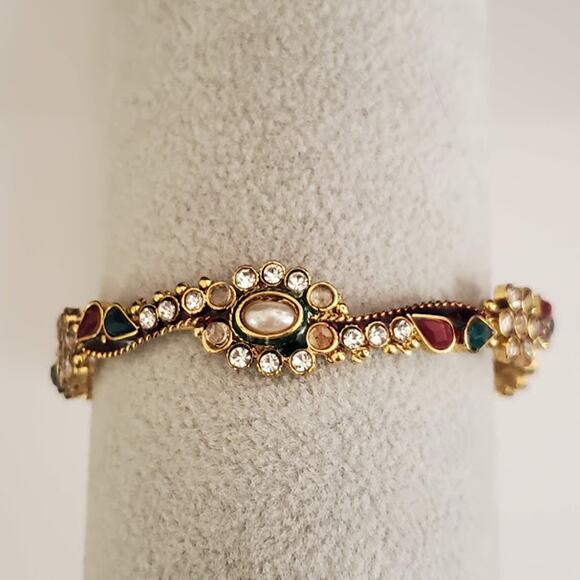 Festive Bangle with Red and Green Stones Clear Rhinestones Faux Pearl Gold‎ Tone - Picture 4 of 12